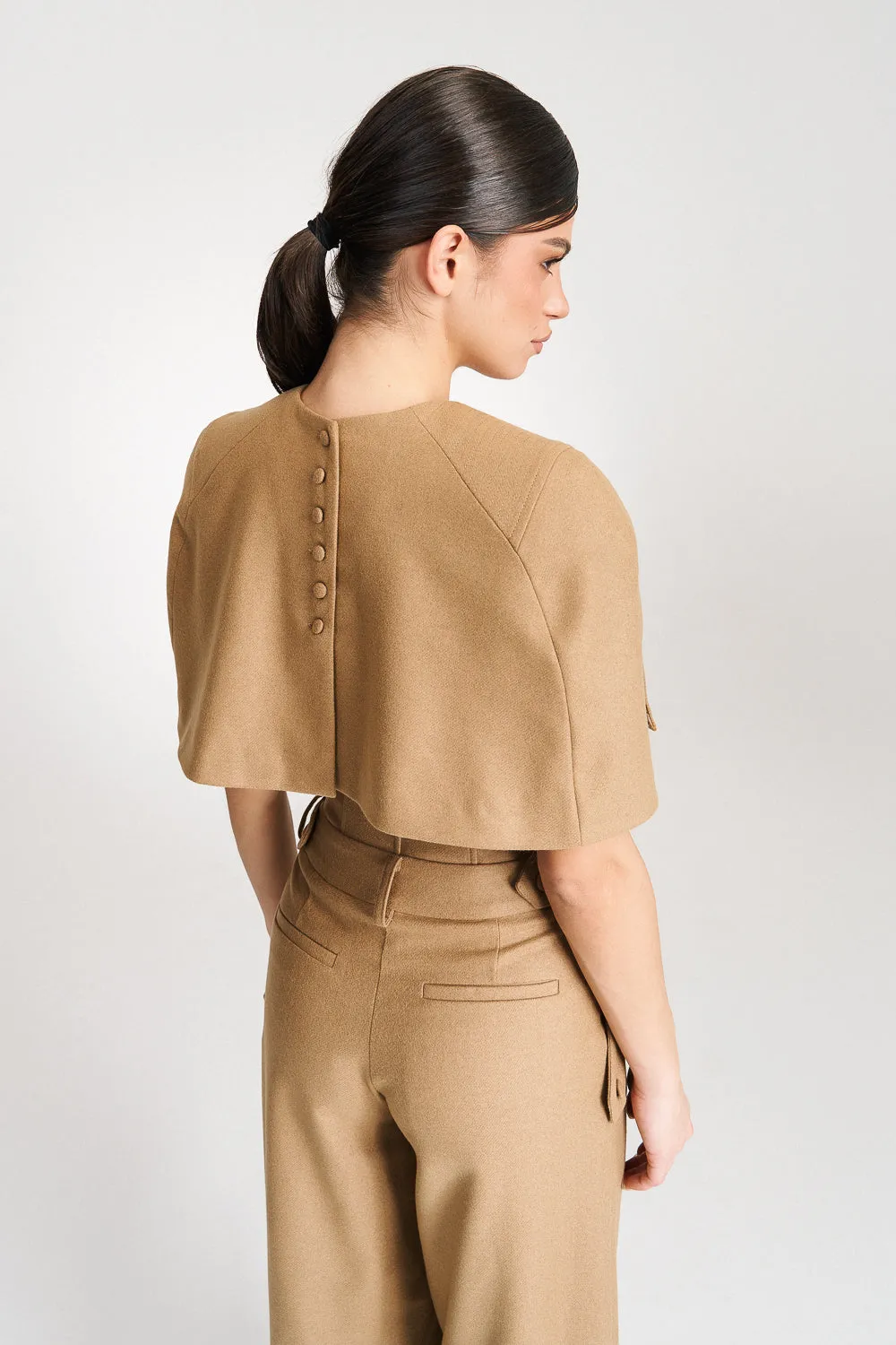'Eleonore' Caramel Cape-Effect Wool Blouse